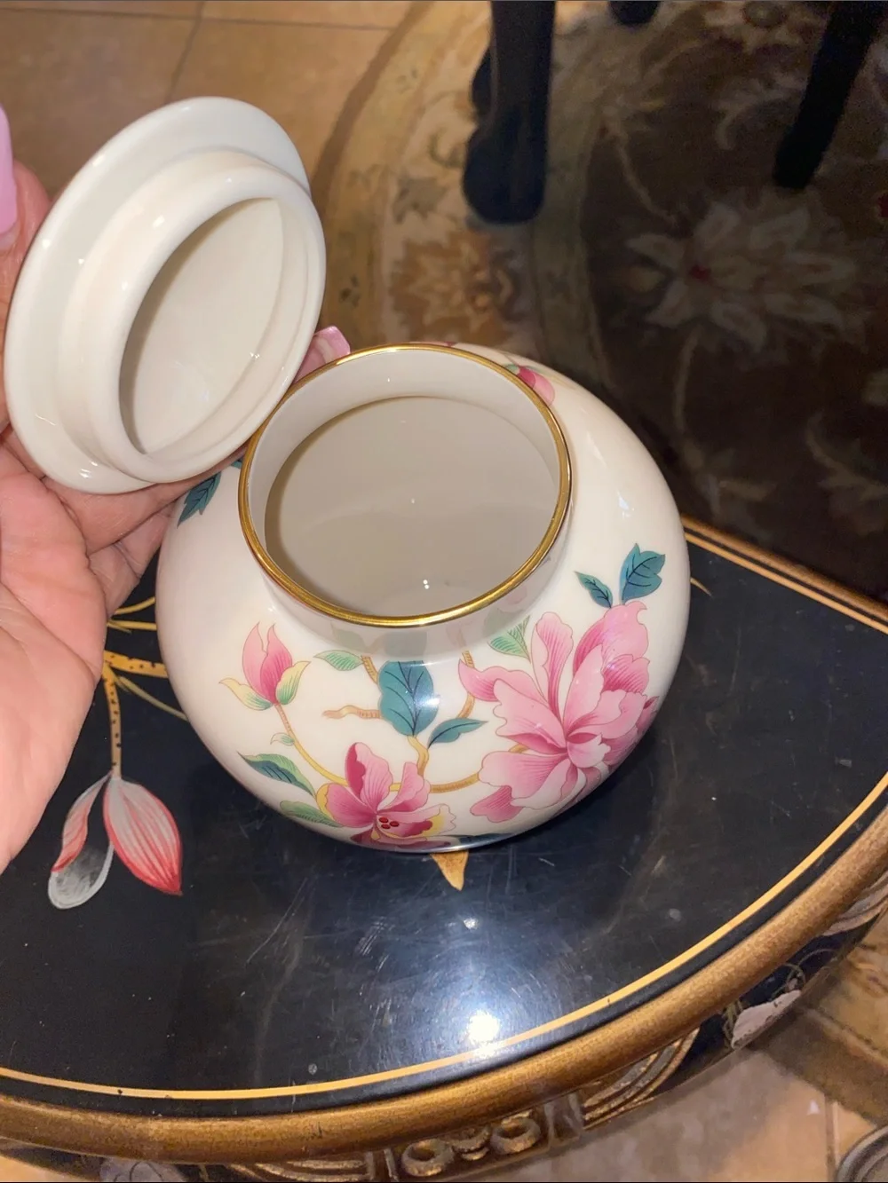 Vintage Lenox Porcelain Floral Jar with 24K Gold Trimming and Pink Blossoms